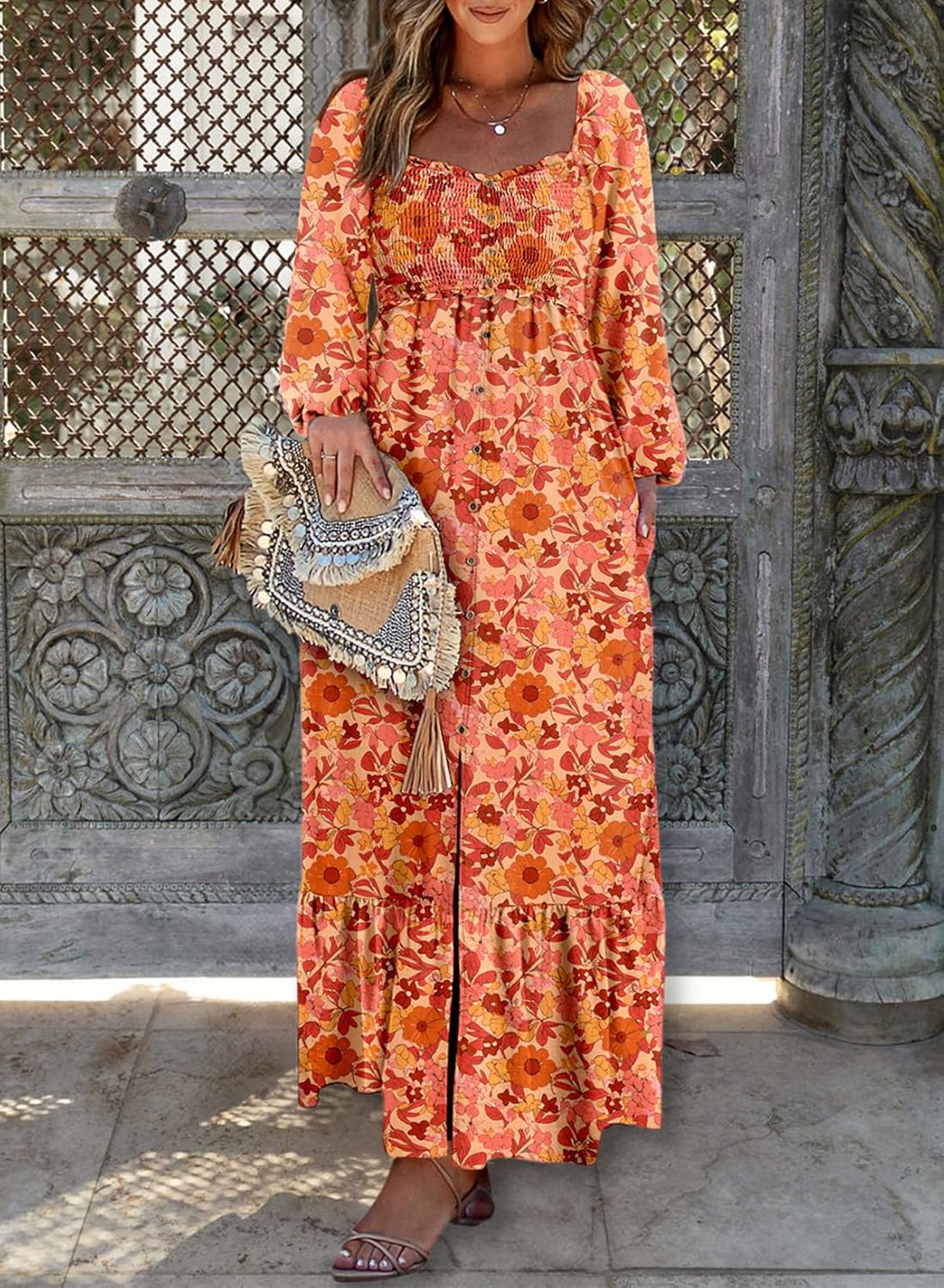 Womens Boho Floral Smocked Button Down  Long Maxi Dress with Pockets(BUY 2 FREE SHIPPING)