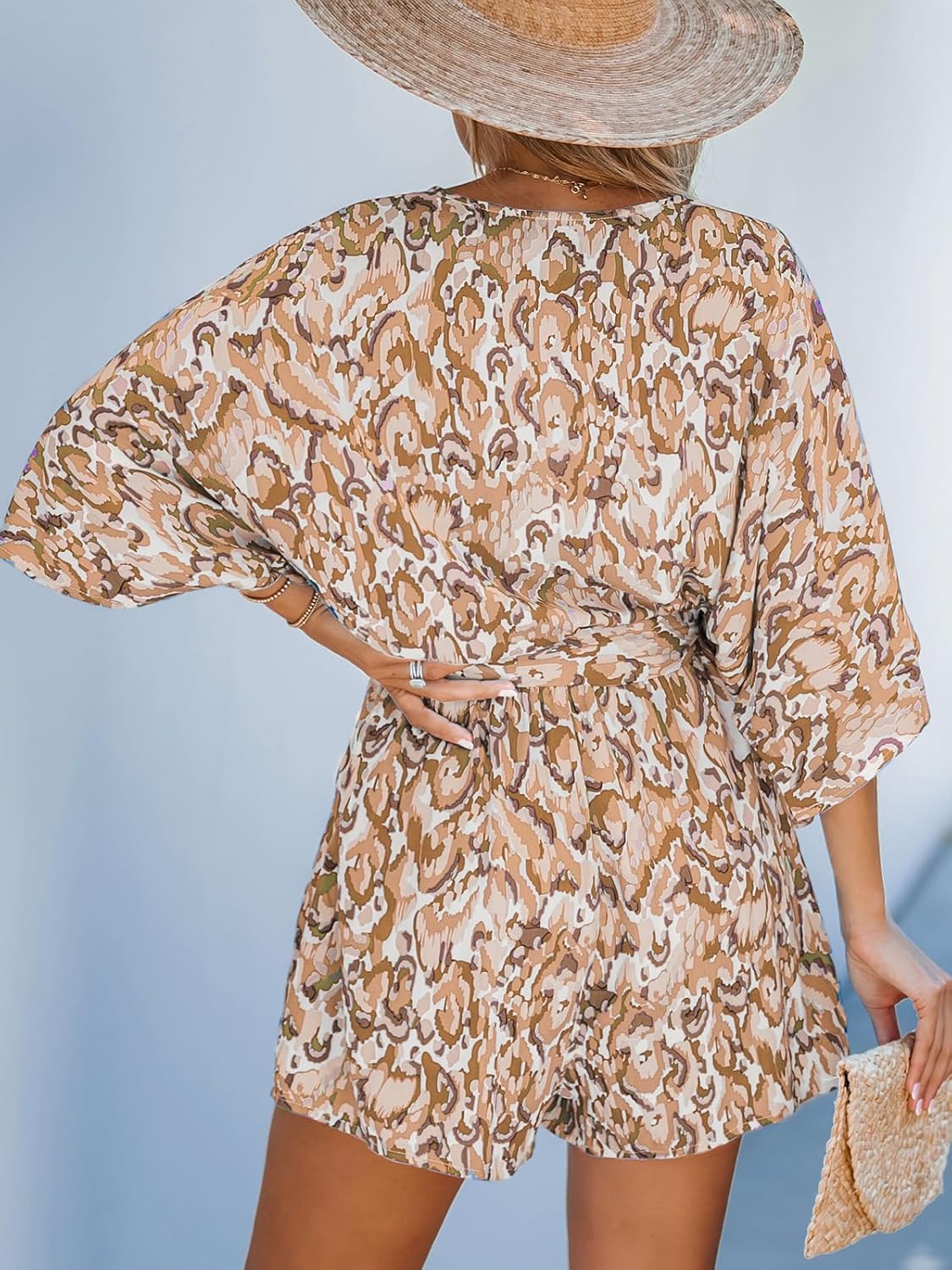 Women's Lace Up Leopard Print Romper Short Sleeves Jumpsuits