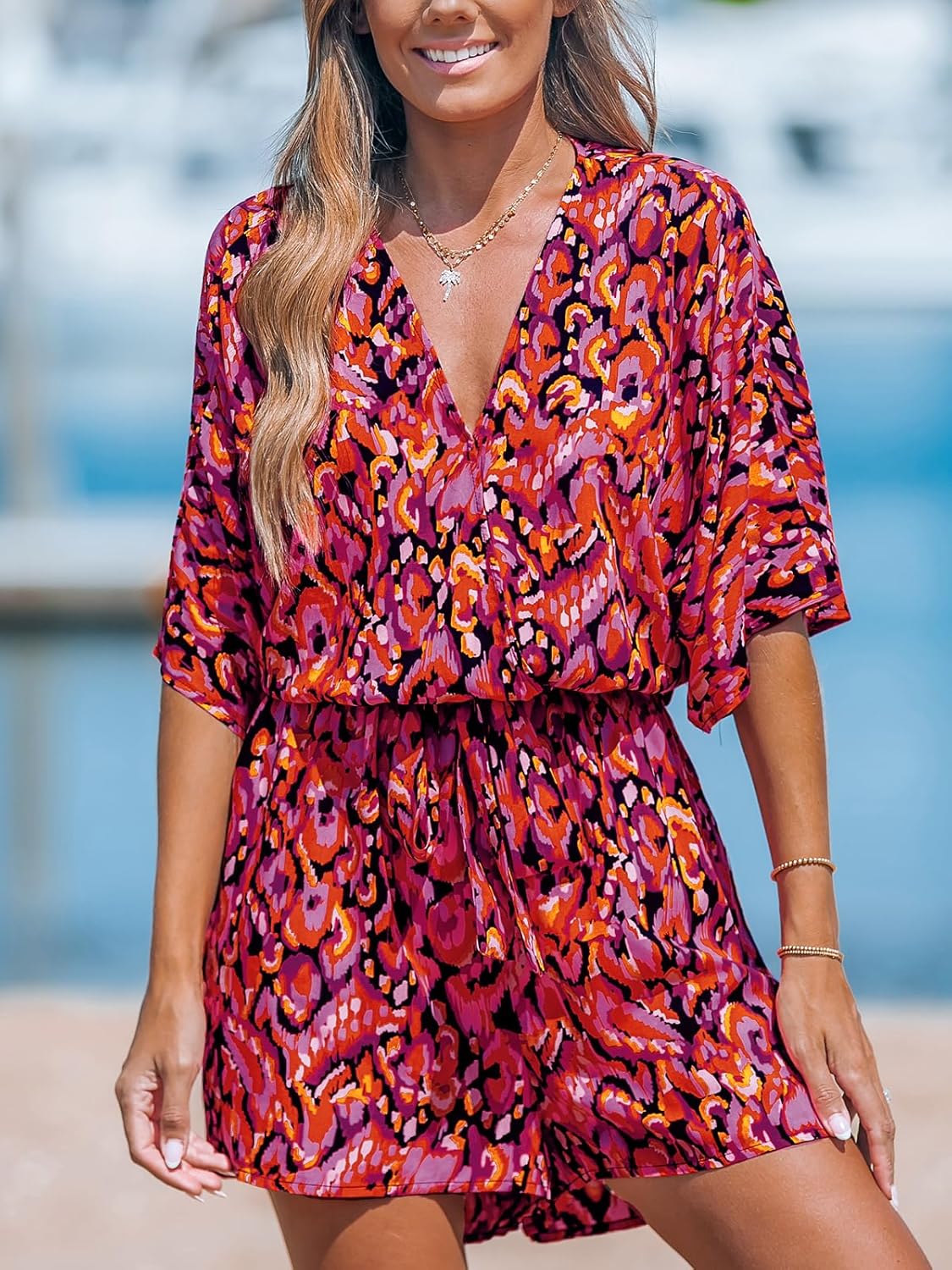 Women's Lace Up Leopard Print Romper Short Sleeves Jumpsuits