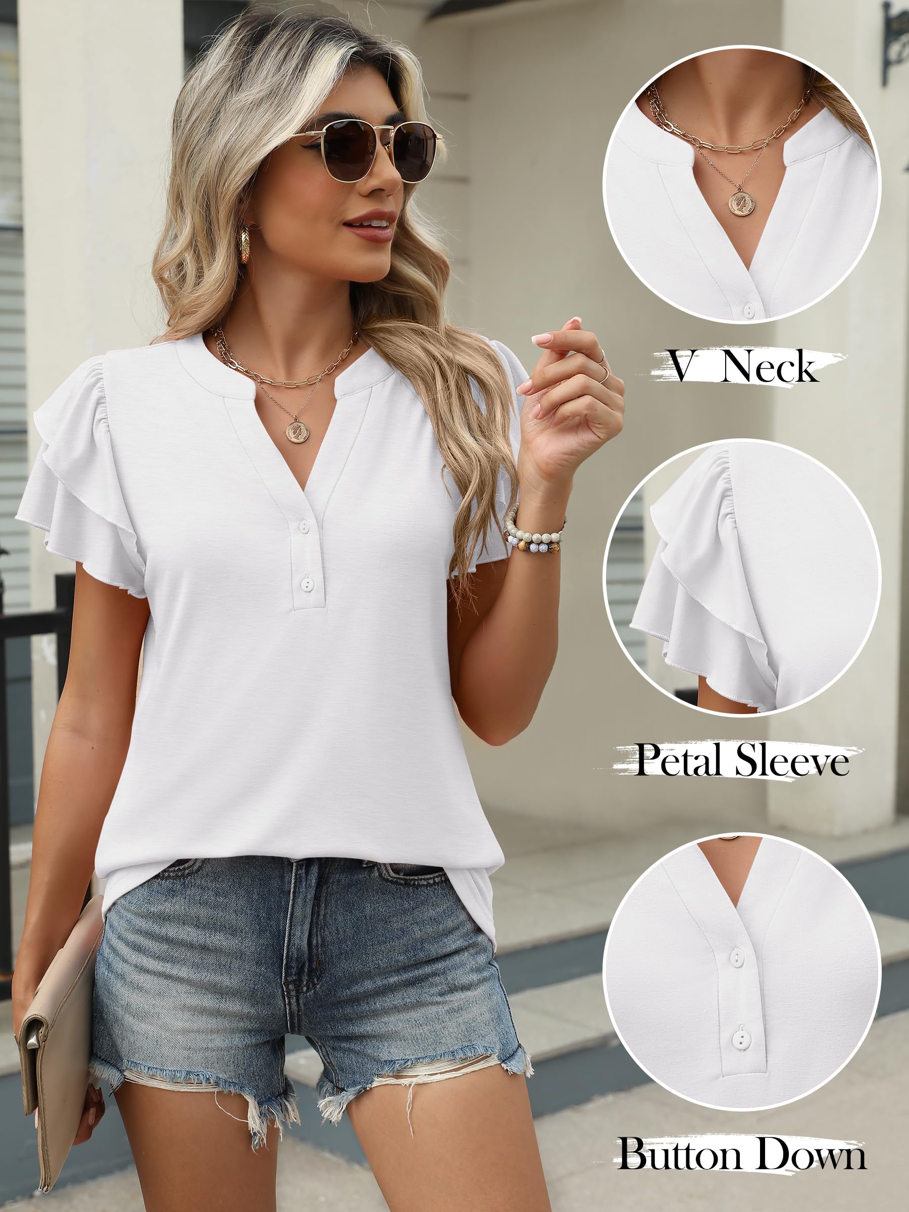 Womens Casual Ruffle Short Sleeve V Neck  Top Blouses