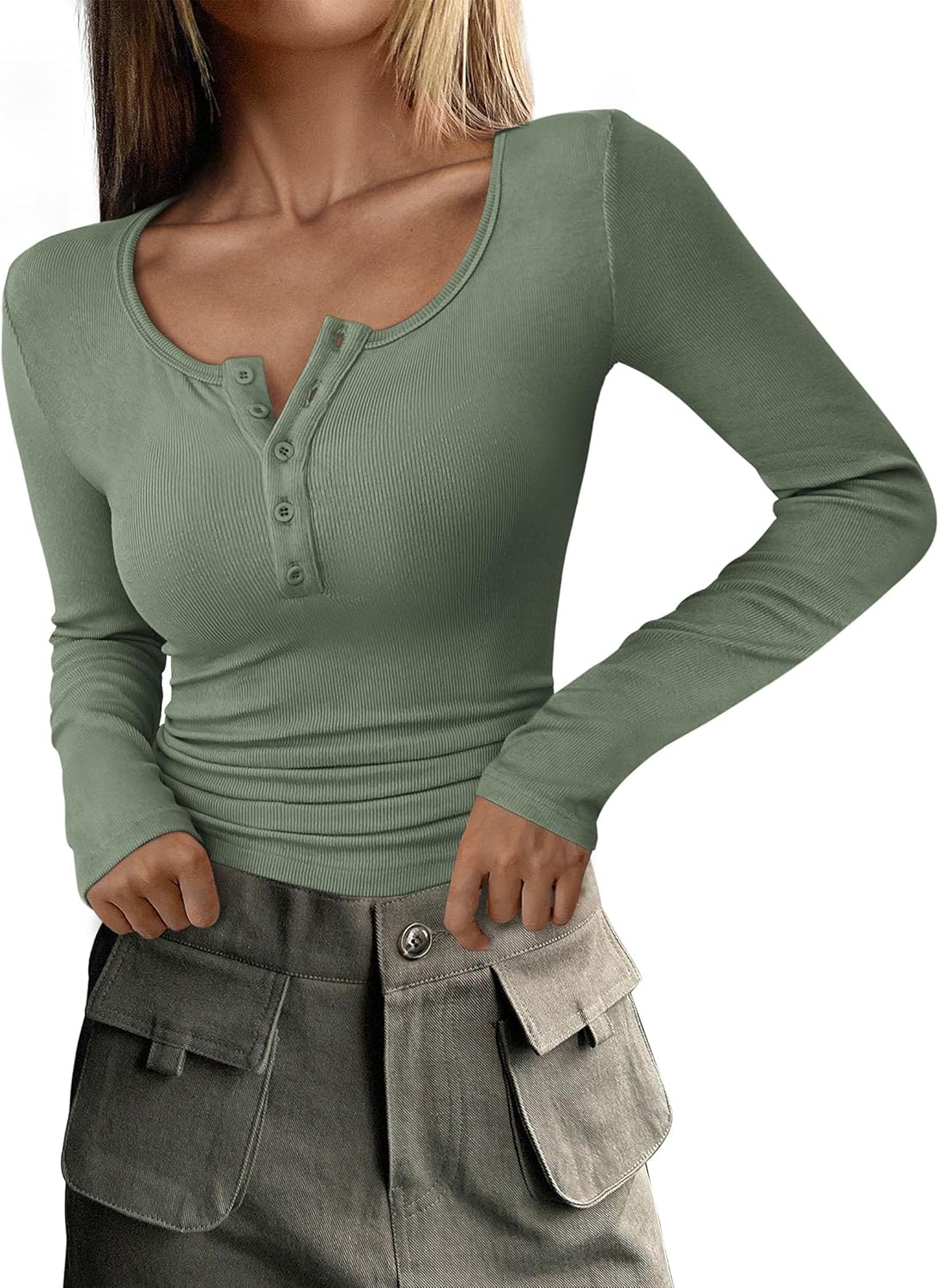  Women's Long Sleeve Henley Button Ribbed Knit Basic Tops