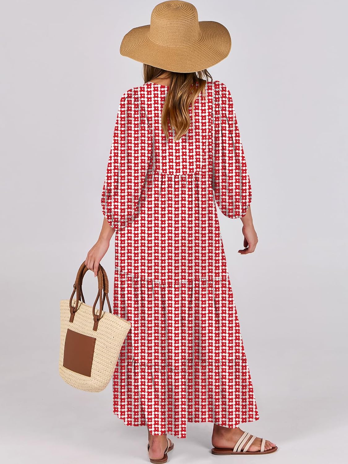 HOT SALE Summer V Neck Puff Sleeve Floral Flowy Casual Maxi Dress