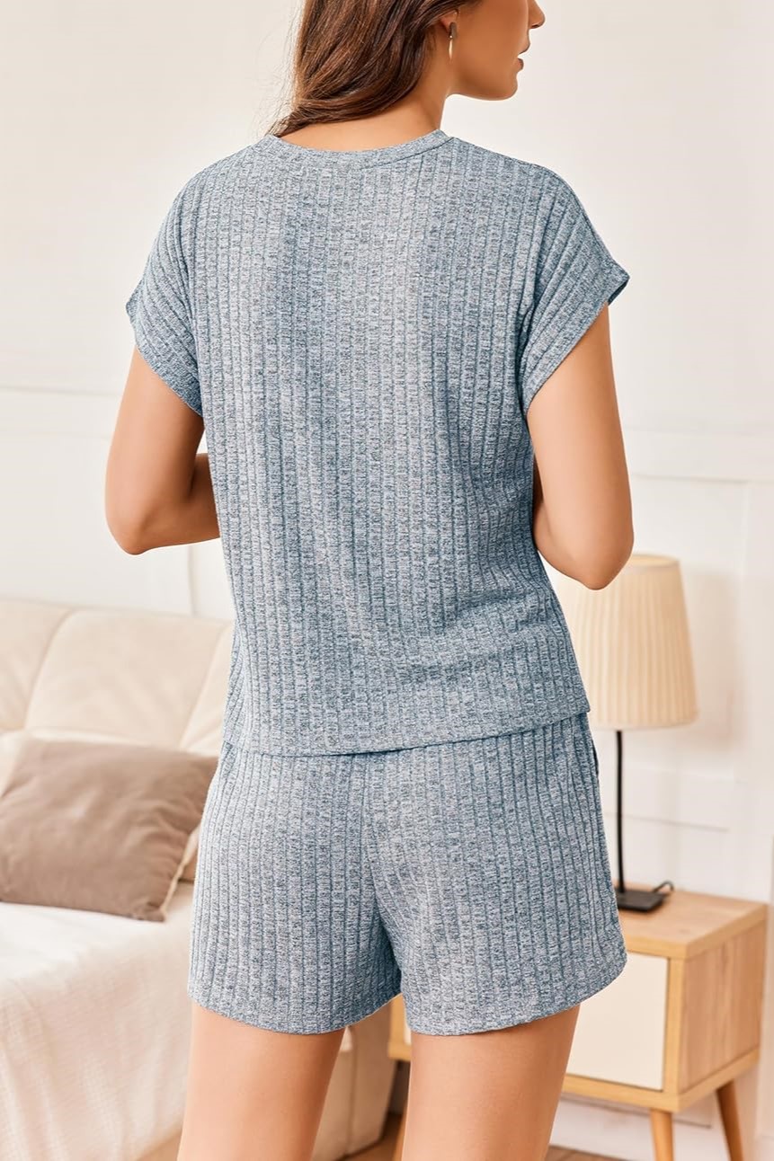 Womens Ribbed Short Cap Sleeve Top and Shorts Lounge Set