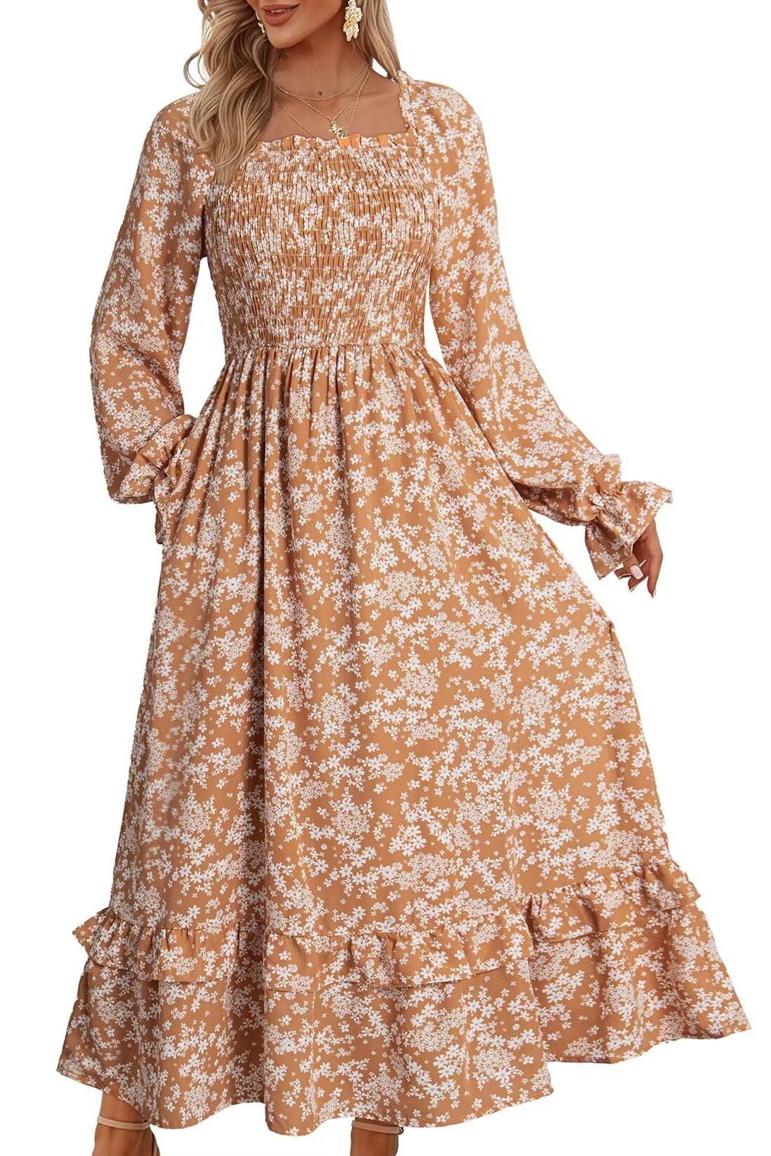 Fall Dresses Casual Floral Square Neck Long Sleeve Dress(Buy 2 Free Shipping)