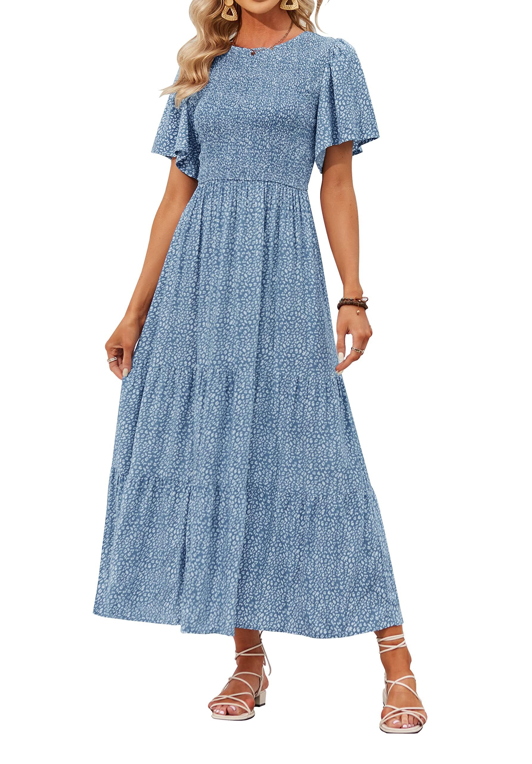 Women's Casual Floral Print Short Flutter Sleeve Smocked High Waist Flowy Maxi Dress