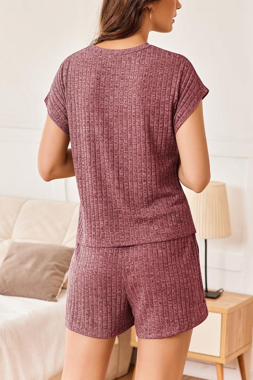 Womens Ribbed Short Cap Sleeve Top and Shorts Lounge Set