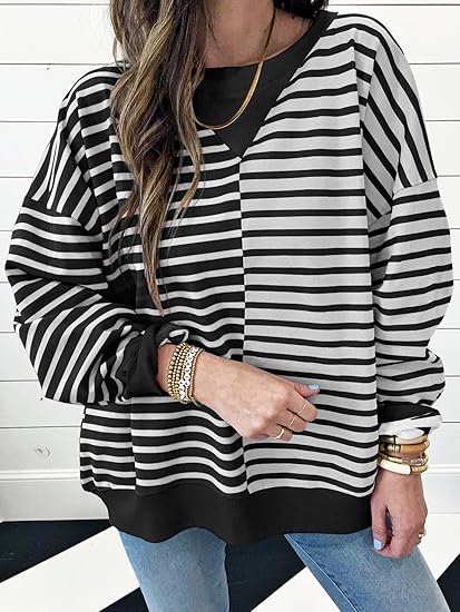 Womens Oversized Sweatshirts Striped Color Block Crewneck Sweatshirt
