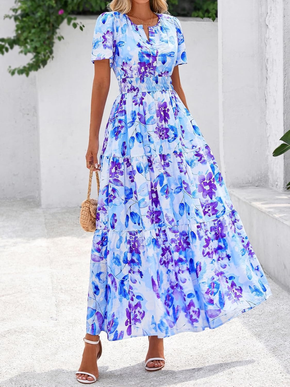 Women's Summer Floral Short Sleeve V Neck Elastic Waist Tiered Maxi Dress Pockets