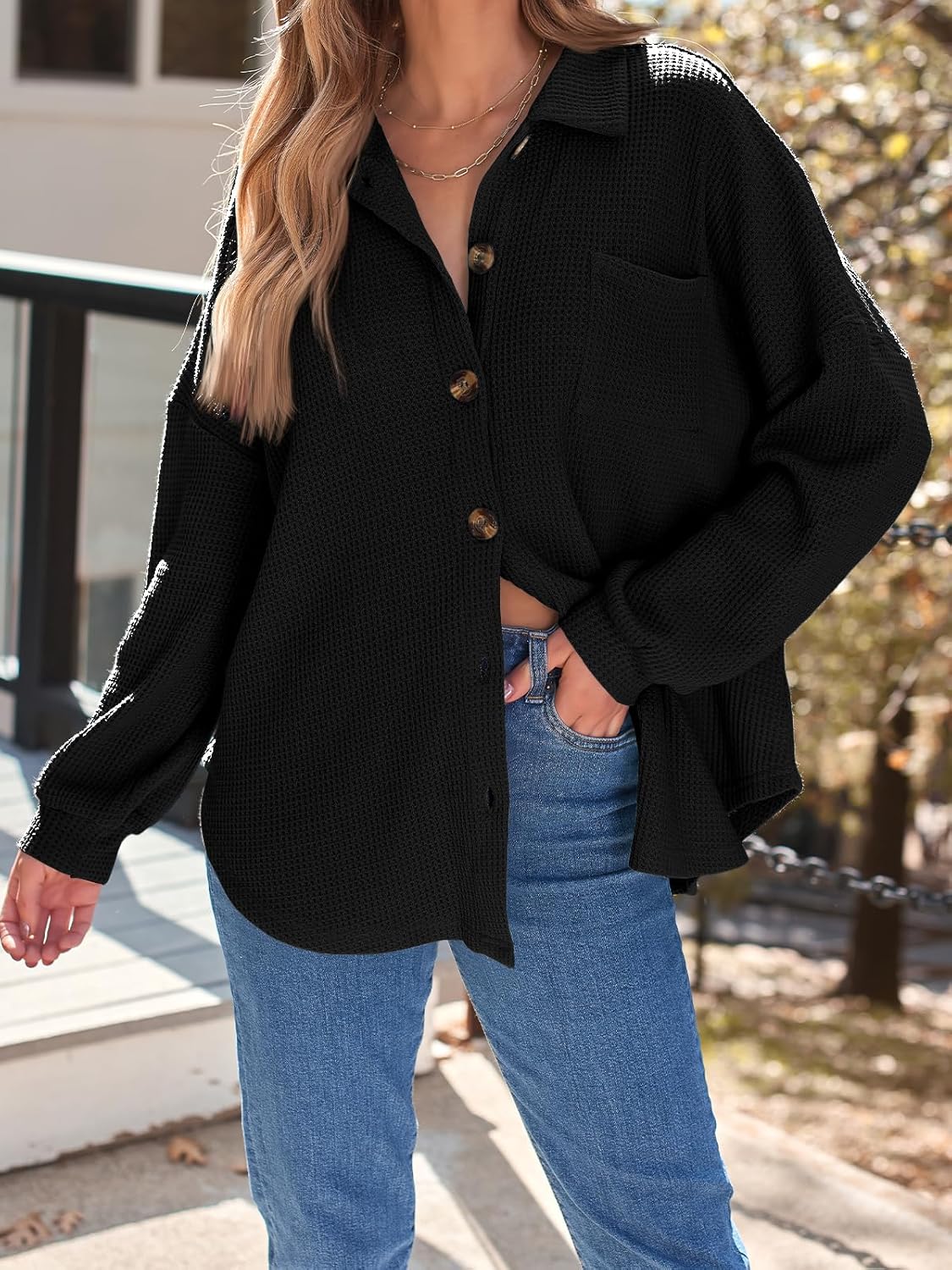 Women's Waffle Knit Casual Button Down Shirts Jacket