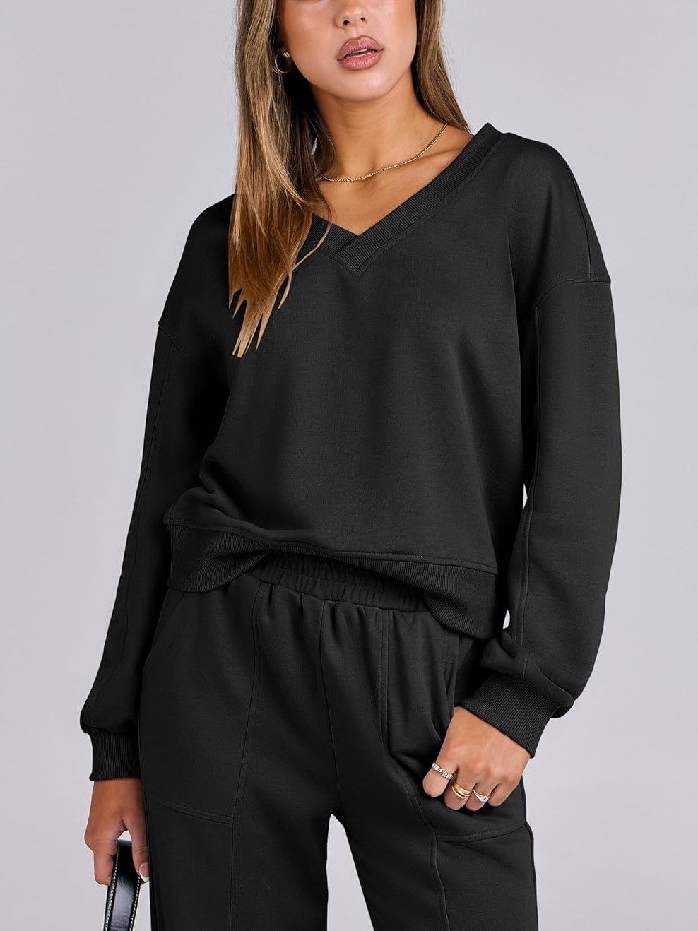 Women's V Neck Sweatshirts Wide Leg Jogger Sweatpants Lounge Sets