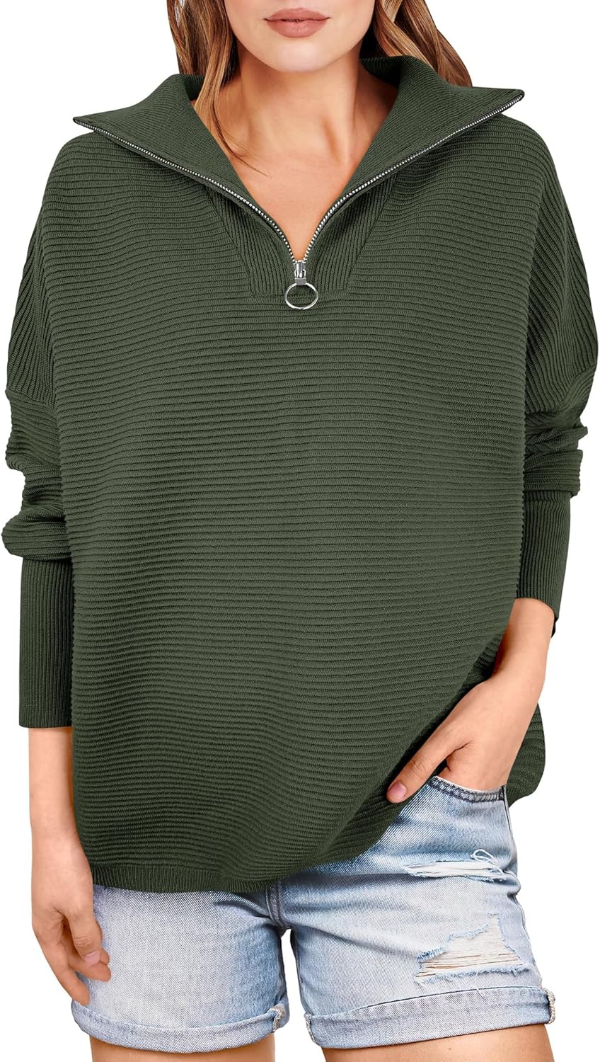 Women Quarter Zip Oversized Casual Loose Rib Knit Cozy Pullover Sweates Top