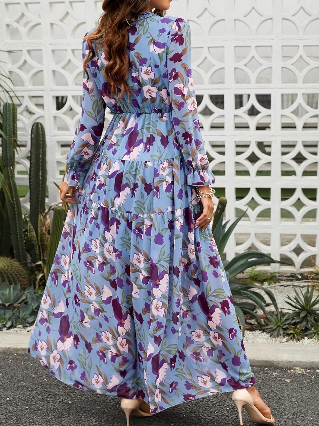 Women's Casual Boho Floral Printed V Neck Long Sleeve Dress
