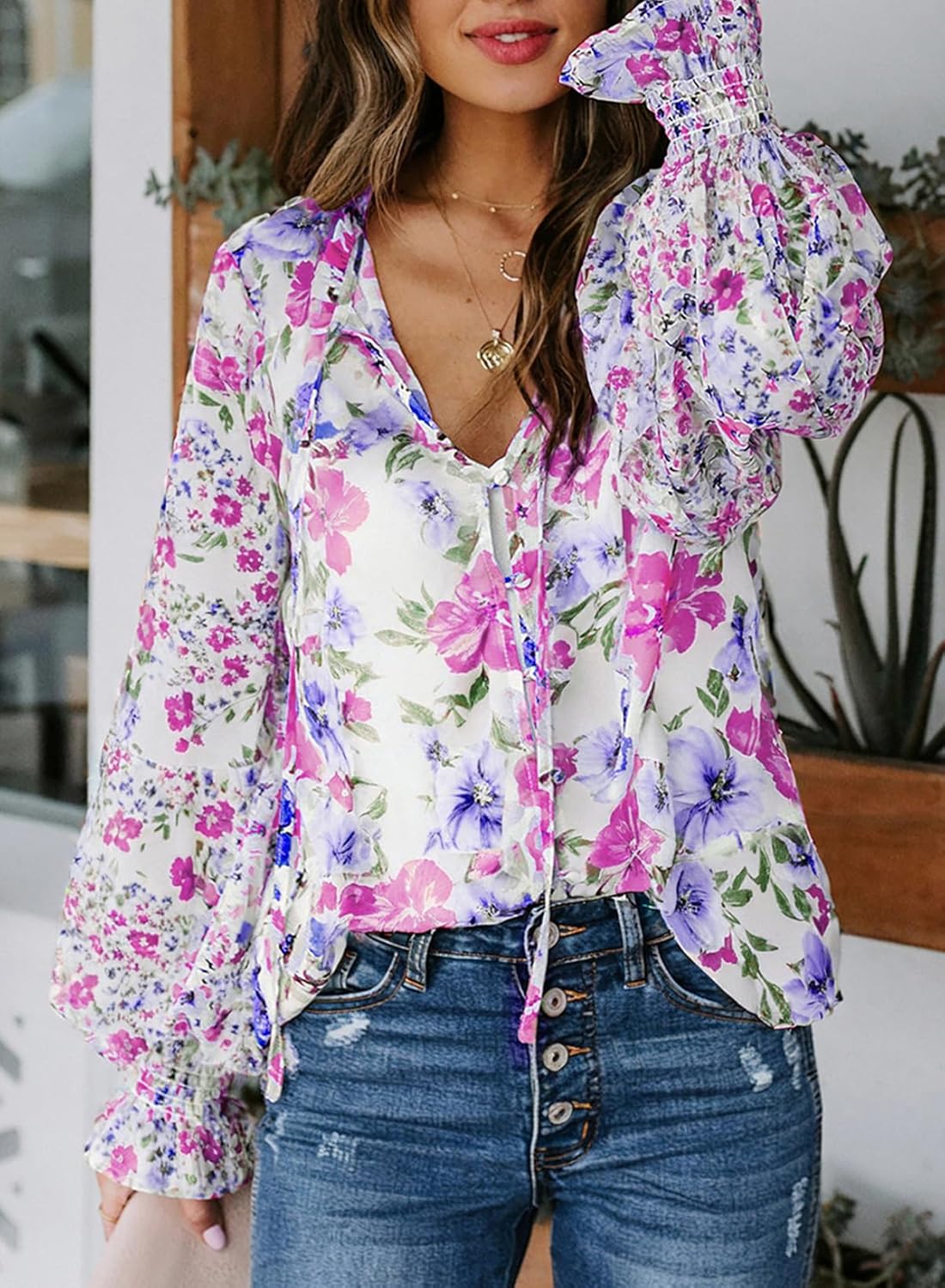 Women's Boho Floral Print V Neck Long Sleeve Drawstring Button Blouses