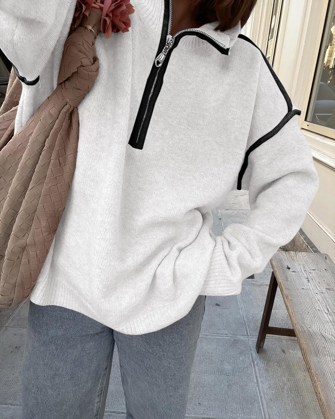 Women's Casual Color Block V Neck Quarter Zip Pullover Sweaters