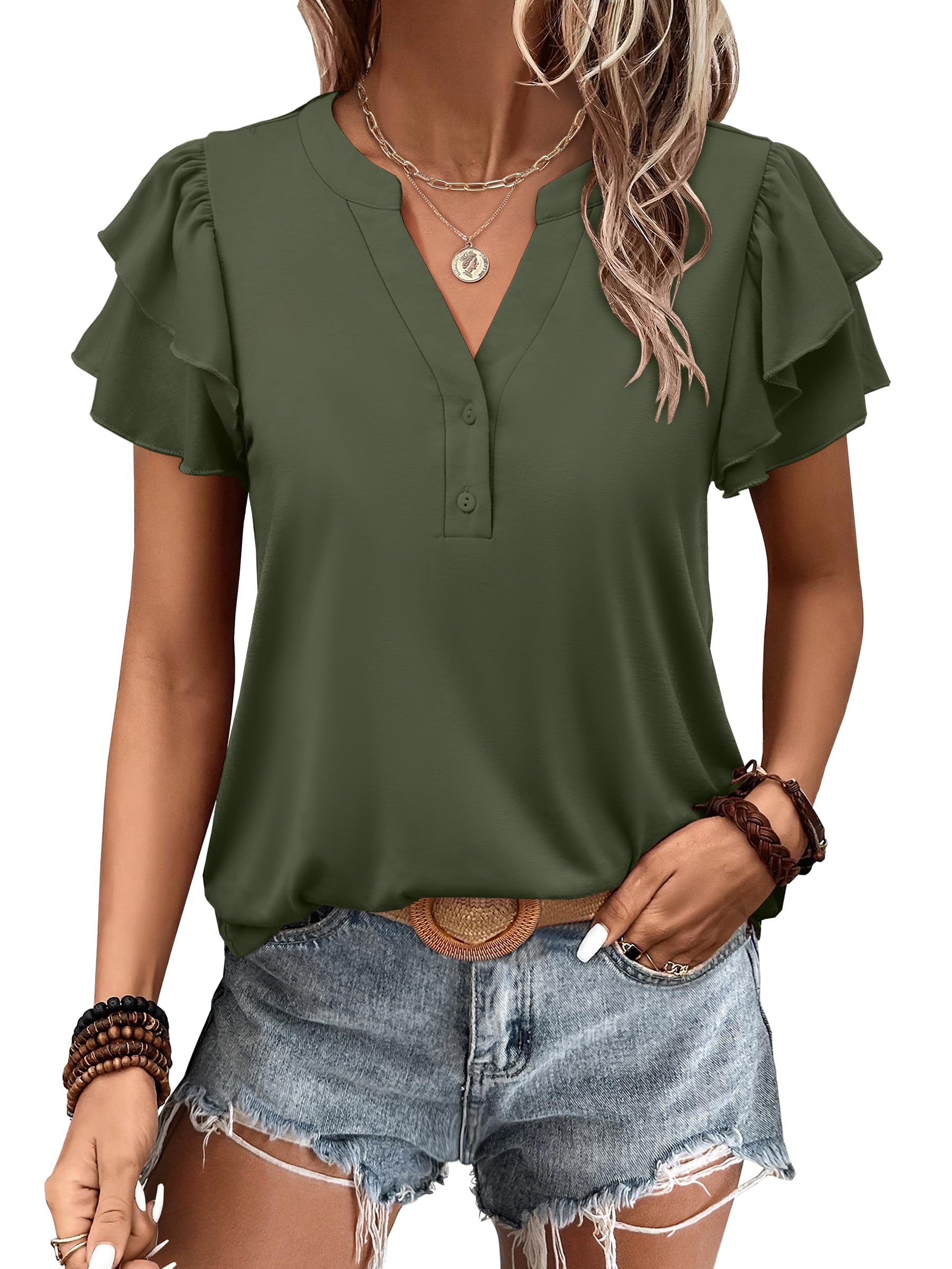 Womens Casual Ruffle Short Sleeve V Neck  Top Blouses