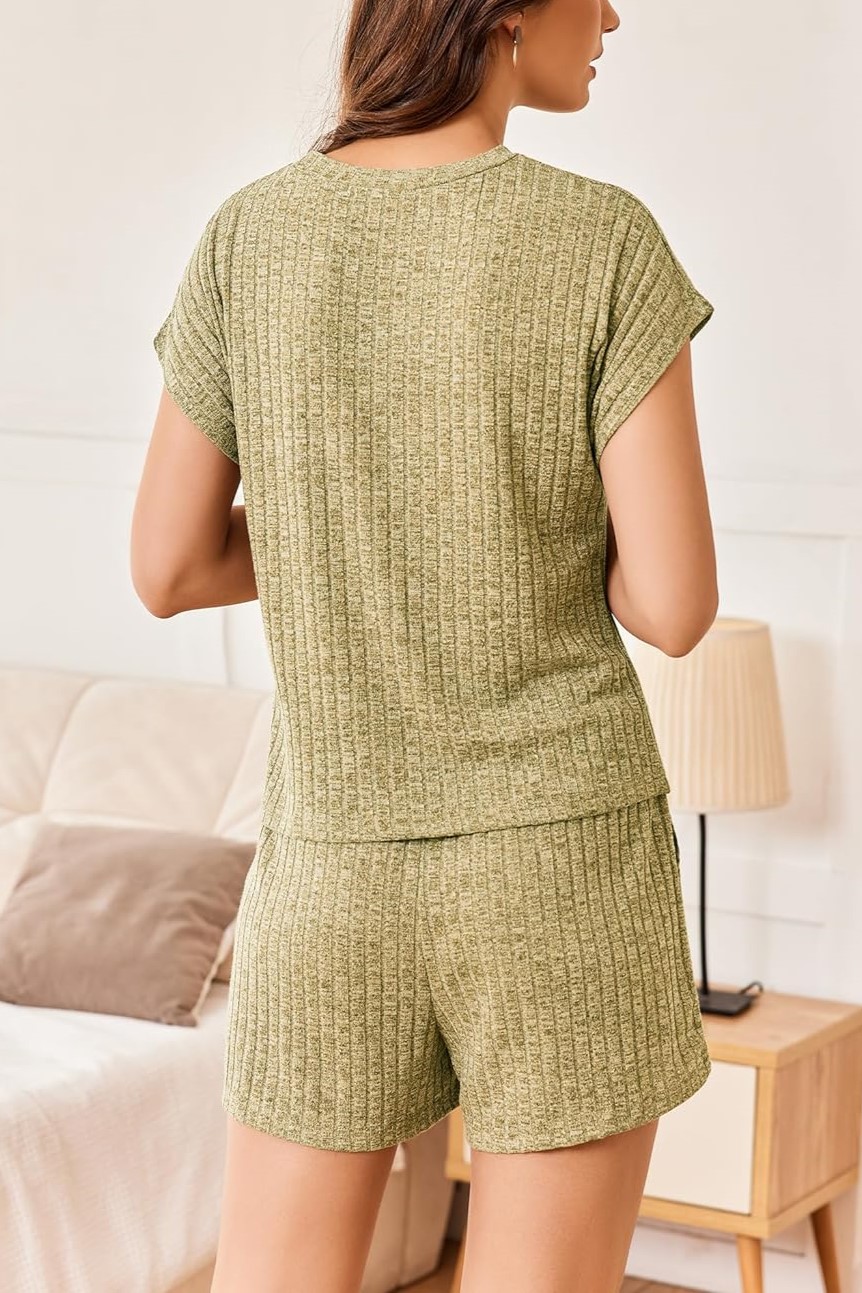 Womens Ribbed Short Cap Sleeve Top and Shorts Lounge Set