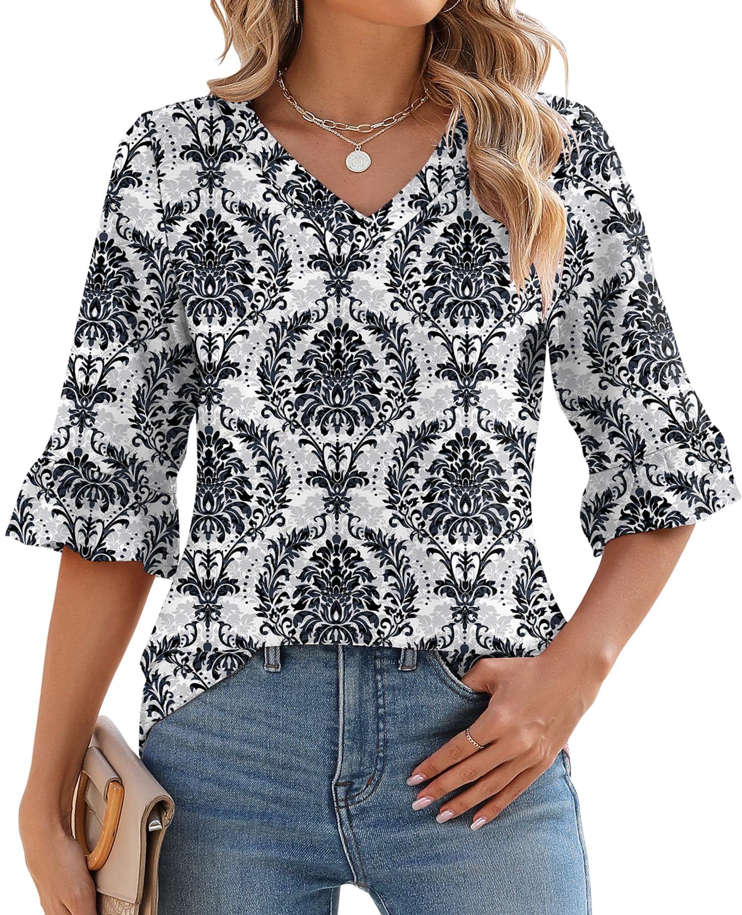 Women's 3/4 Sleeve Ruffle V Neck Floral Print Top（Buy 2 Free Shipping）