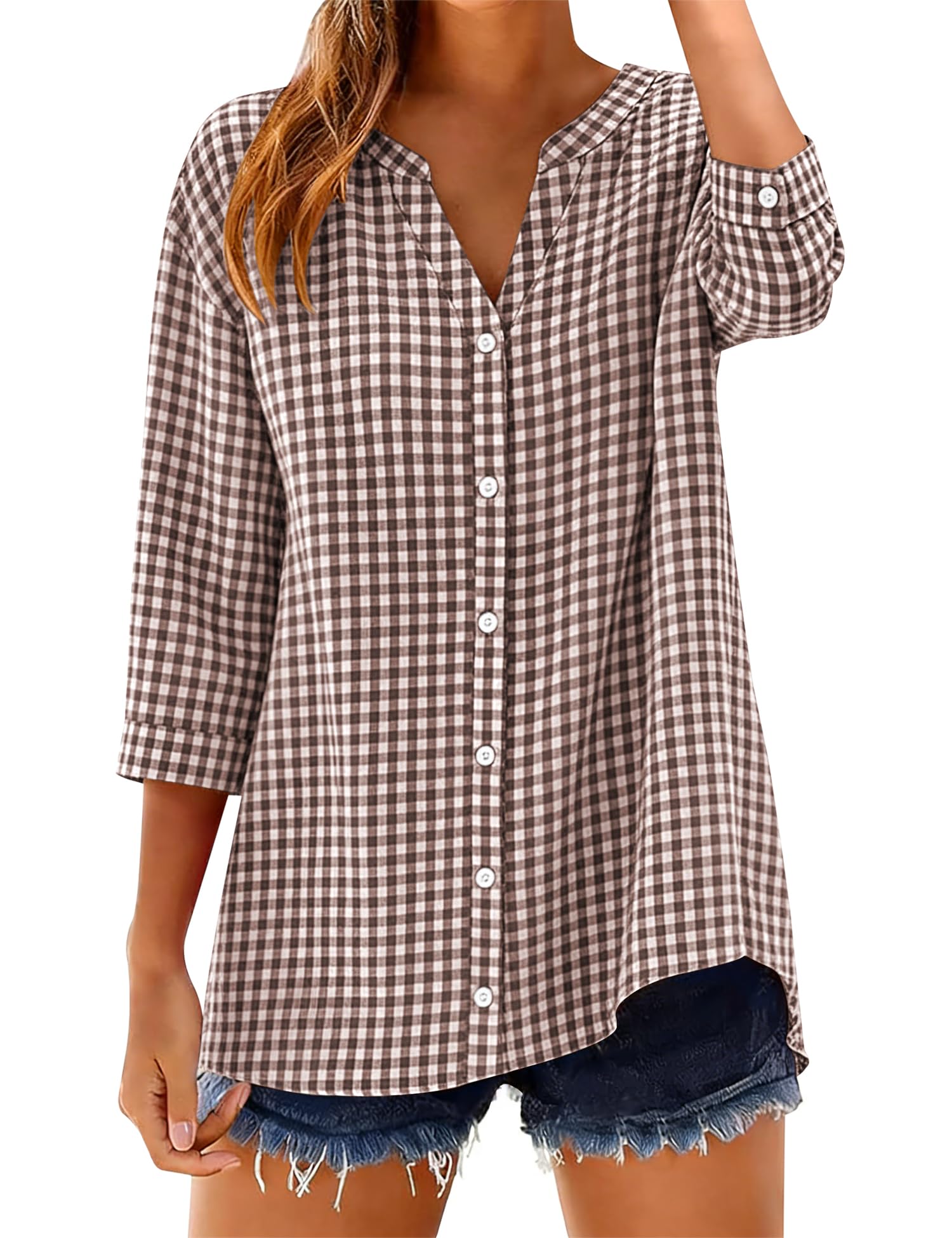 Women's Cotton 3/4 Sleeve Button Down Gingham Shirts