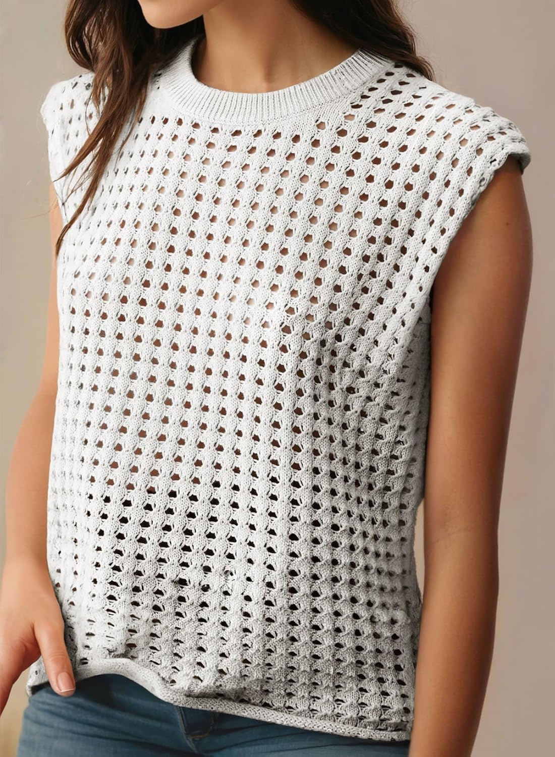 Women's Crewneck Sleeveles Loose Crochet Hollow Vest Top Cover Ups