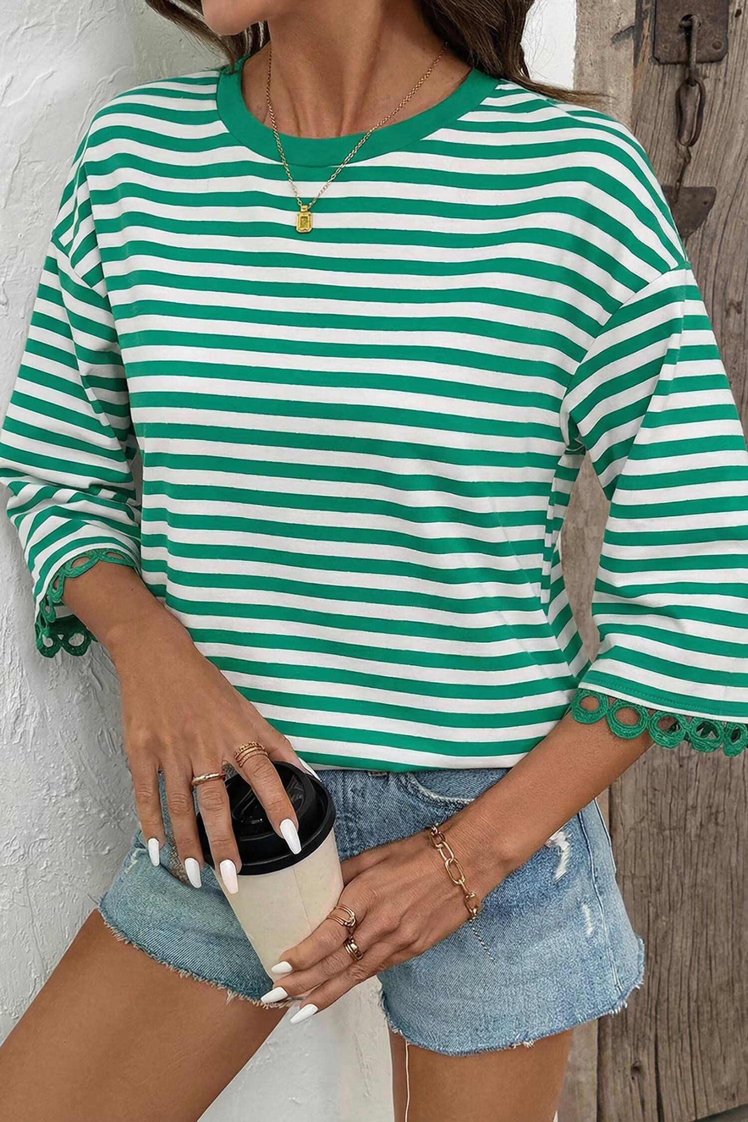 HOT SALE Women's Crewneck Striped Cute Color Block 3/4 Sleeve Blouse Top