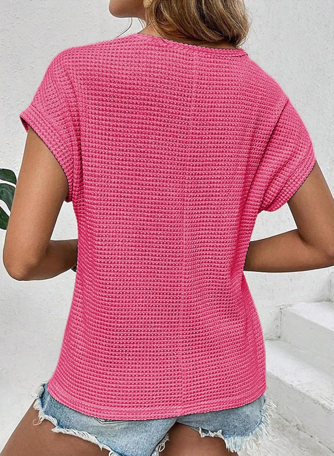 HOT SALE Women's Casual Waffle Knit Hollow Out Short Sleeve Shirts