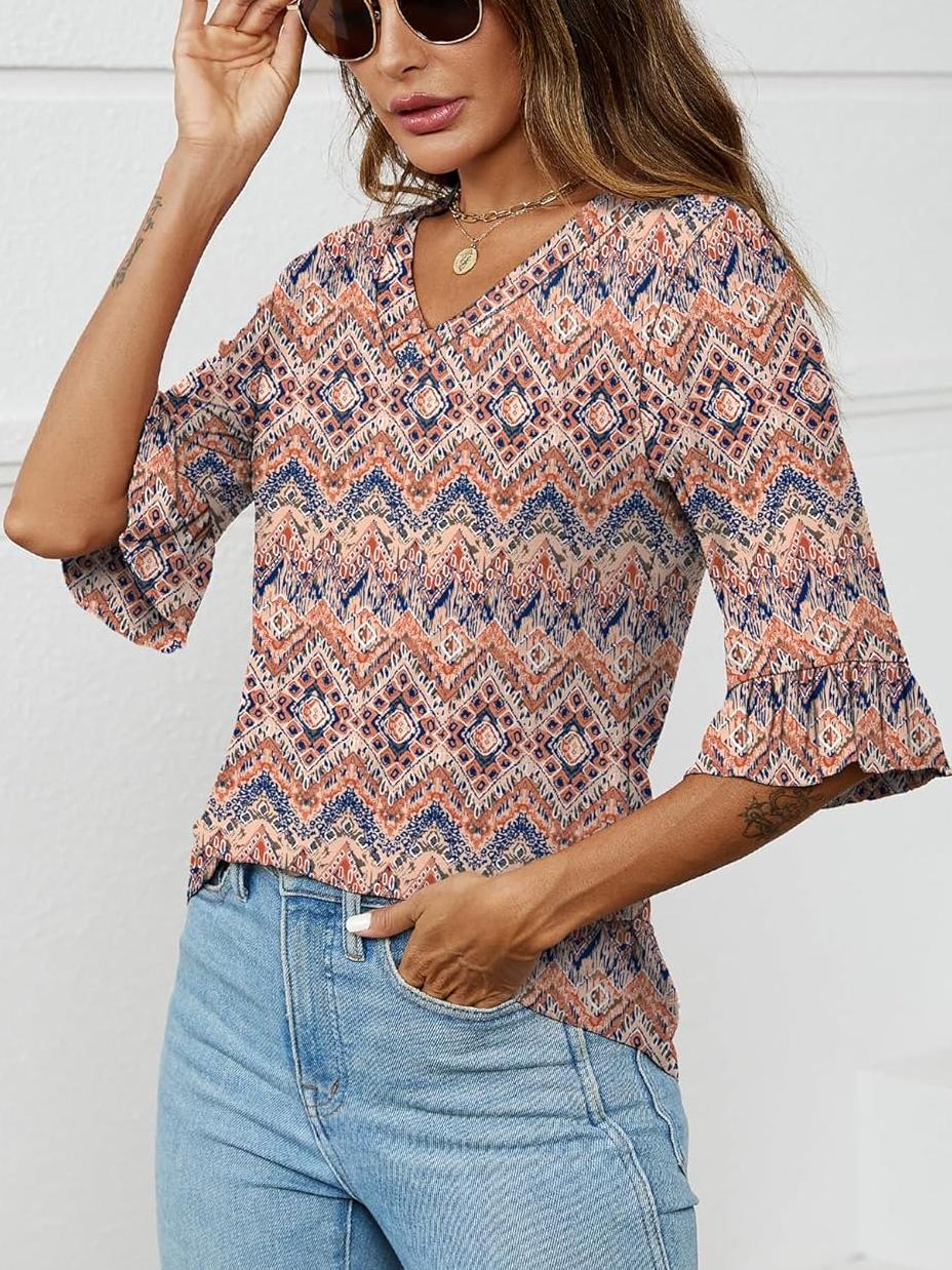 Womens 3/4 Length Sleeve V-Neck Eyelet Casual Ruffle Sleeve Tunic Blouses