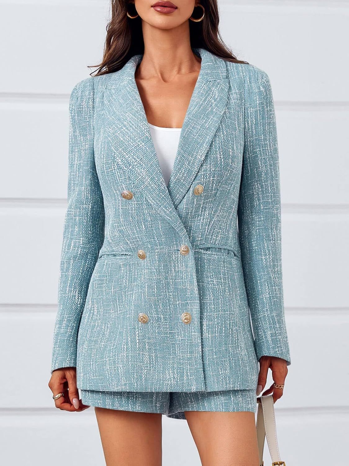 HOT SALE Women's Double Breasted Tweed Suit Set Button Jacket and Shorts