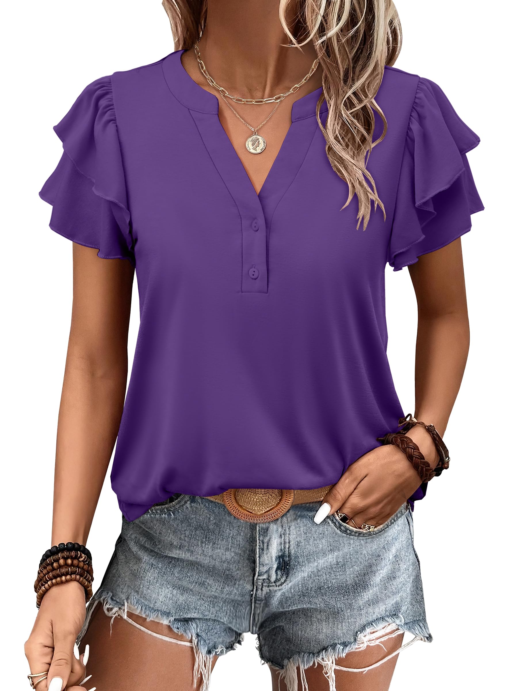 Womens Casual Ruffle Short Sleeve V Neck  Top Blouses