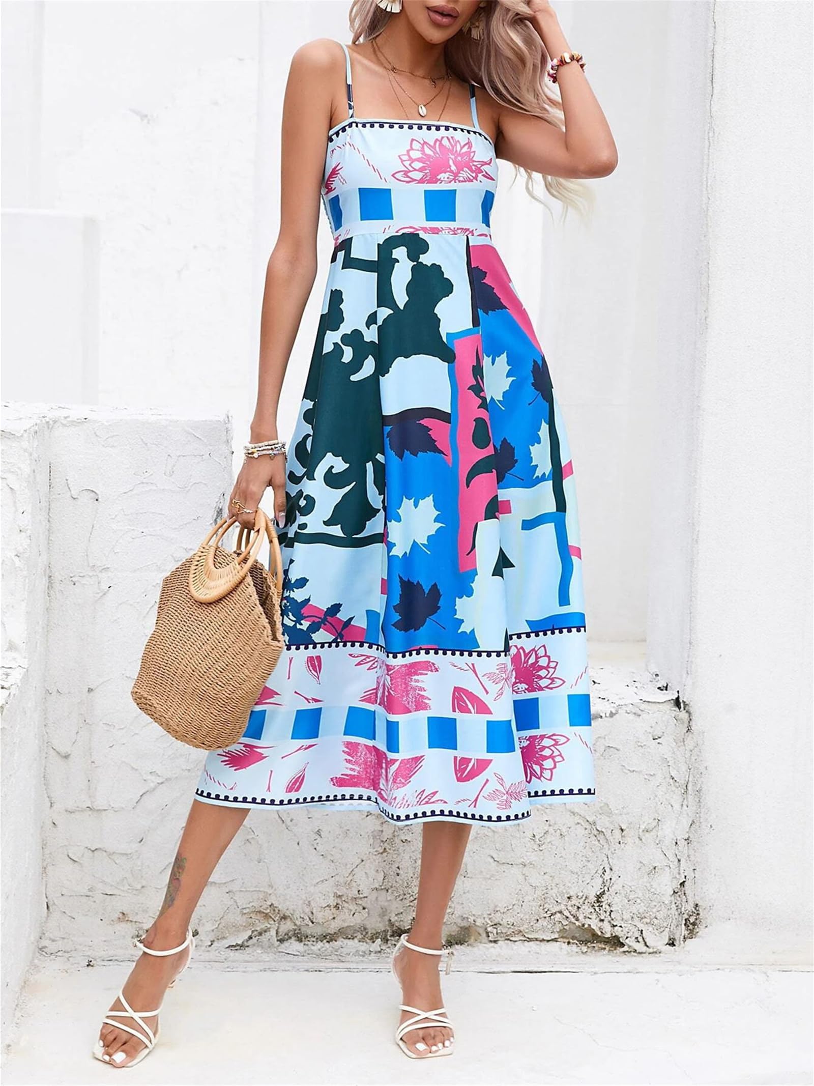Women Boho Beach Spaghetti Strap Flowy Dress 