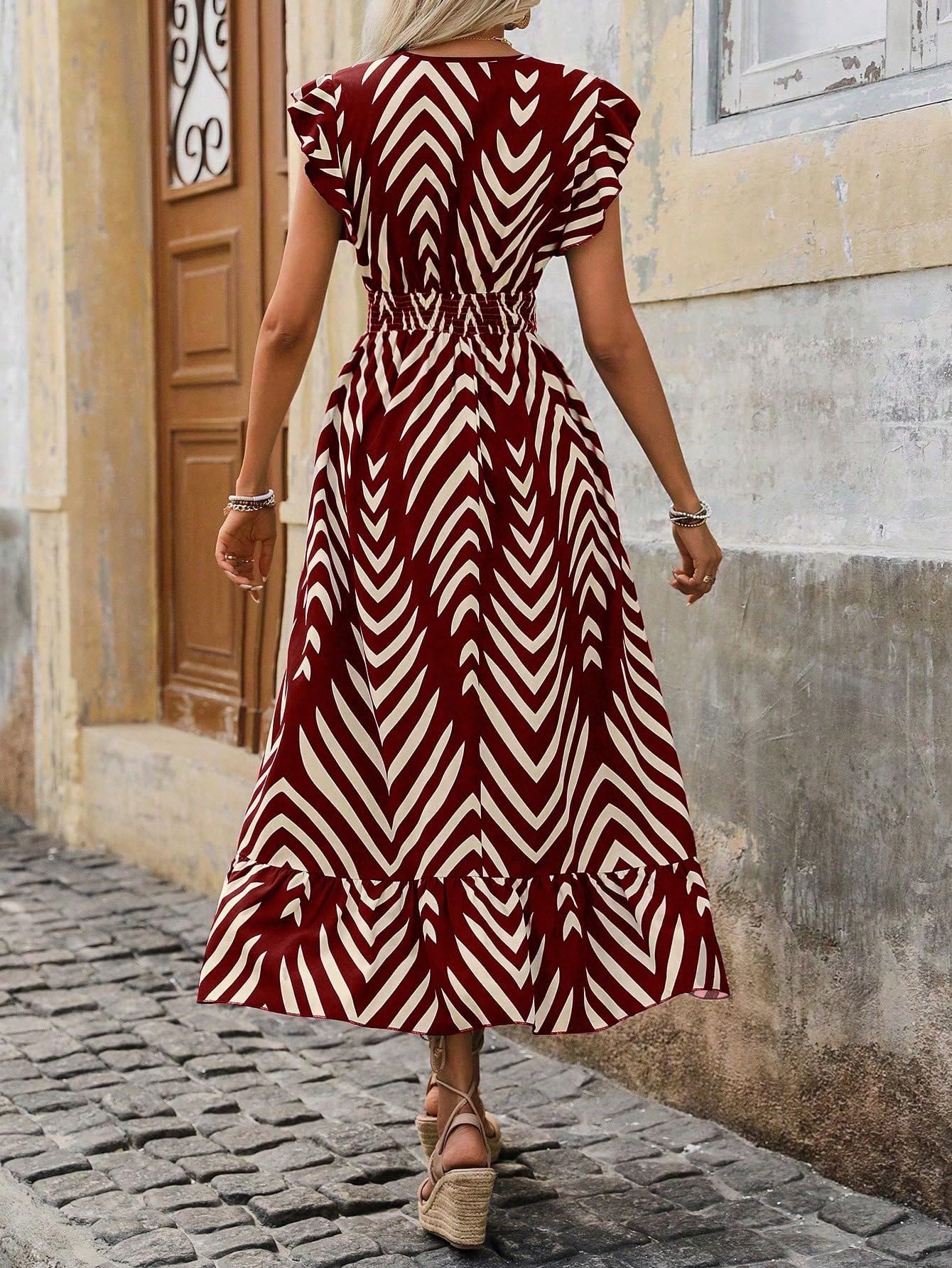 Women's Spring Summer Fashion Floral V Neck Ruffle Waist Slim Boho Dress