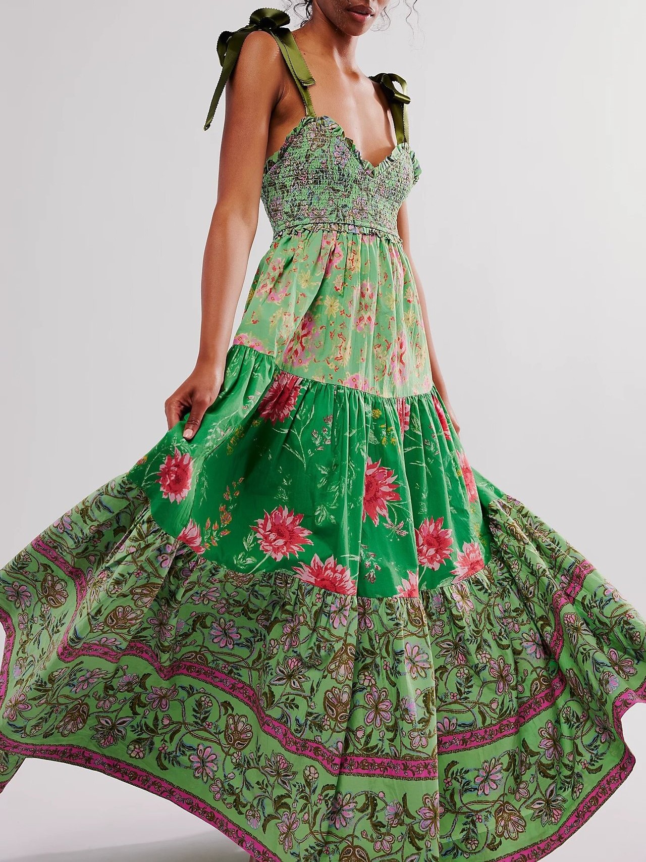 Women's Flowy Smocked Sleeveless Tie Shoulder Boho Maxi Dress