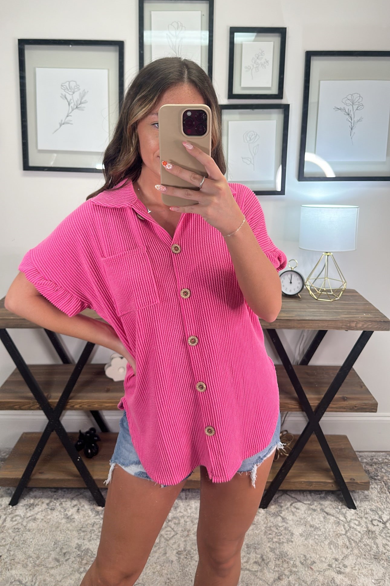 Ribbed Button Down Pocket Shirt Top 