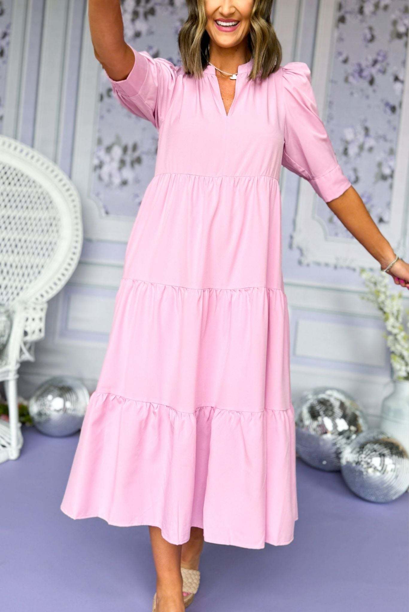 HOT SALE Women's Summer V-Neck Three Quarter Puff Sleeve Tiered Midi Dress