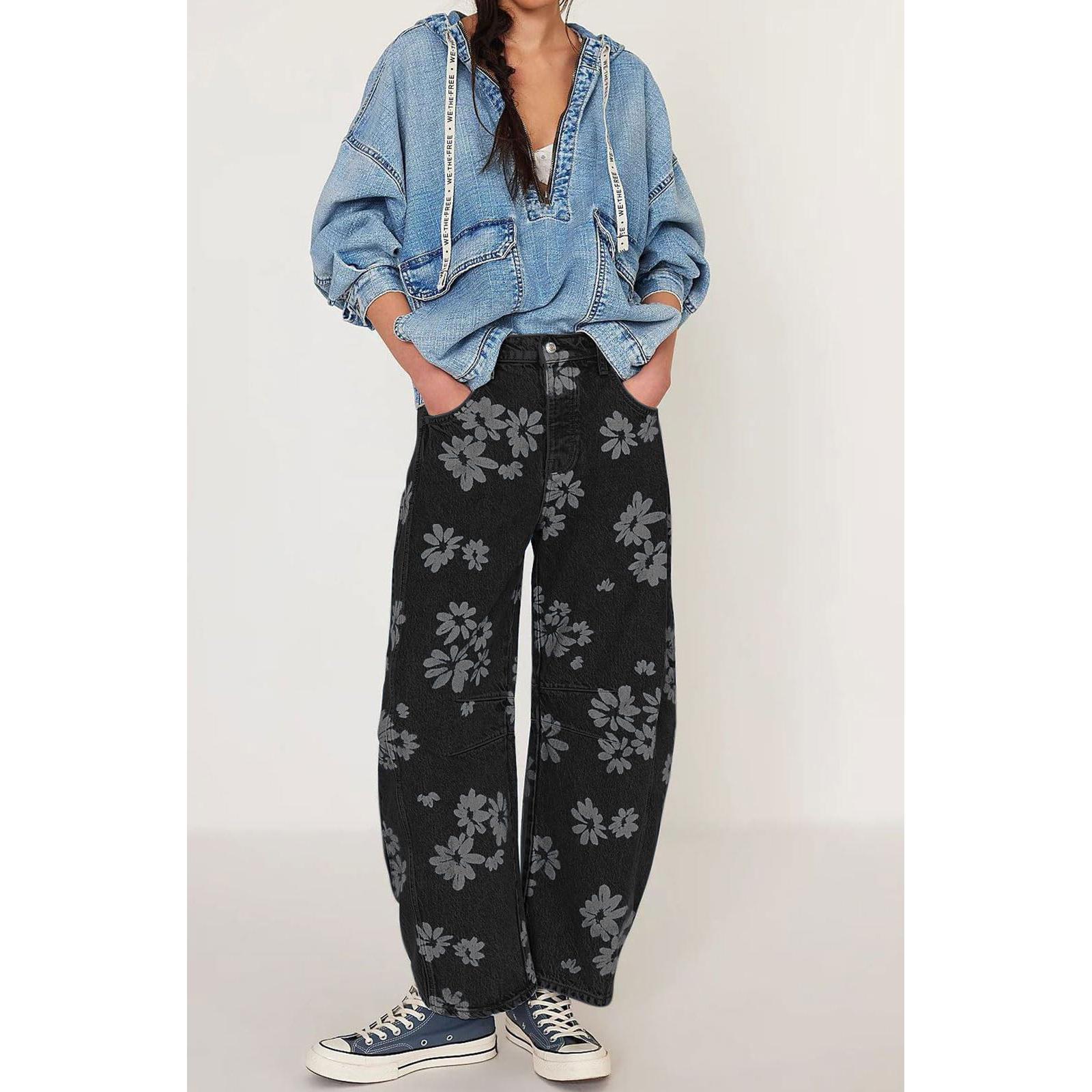 Women's Mid-rise Floral Print Cropped Loose Wide-leg Jeans