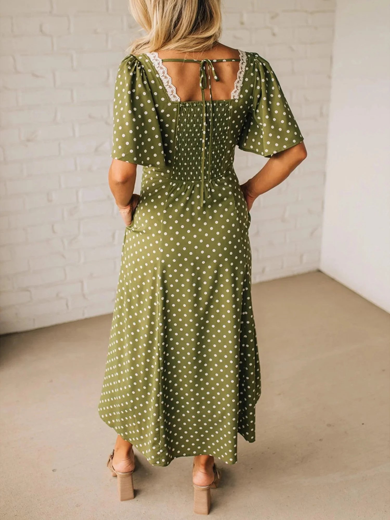 Women's Polka Dot Lacy Neckline Smocked High Waist Maxi Dress