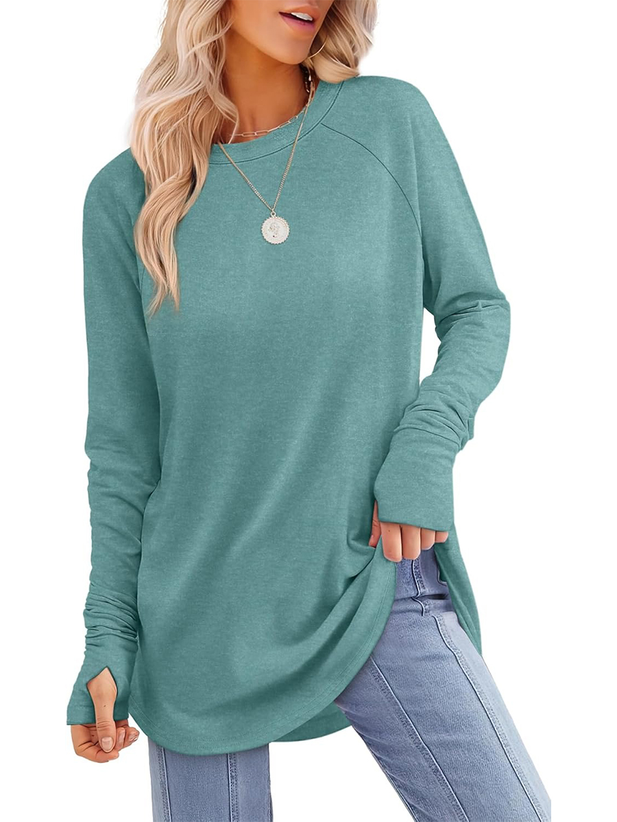 Women's Crew Neck Long Sleeve Thumb Hole Shirts Basic Top