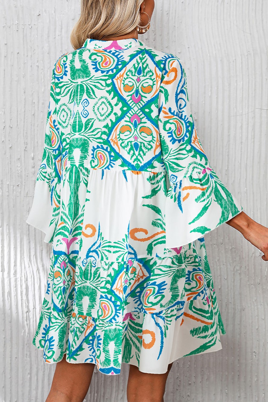 Women's Print Boho Button 3/4 Sleeve Tiered Babydoll Dress