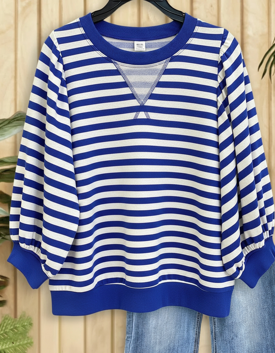 Women's Striped Puff Sleeve Sporty Round Neck Sweatshirt 