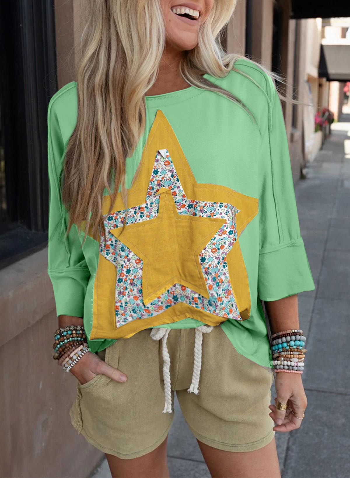 Floral Star Patched Exposed Seam 3/4 Sleeve Top