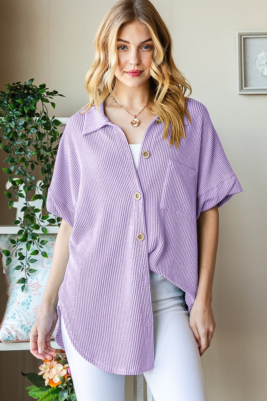 Ribbed Button Down Pocket Shirt Top 