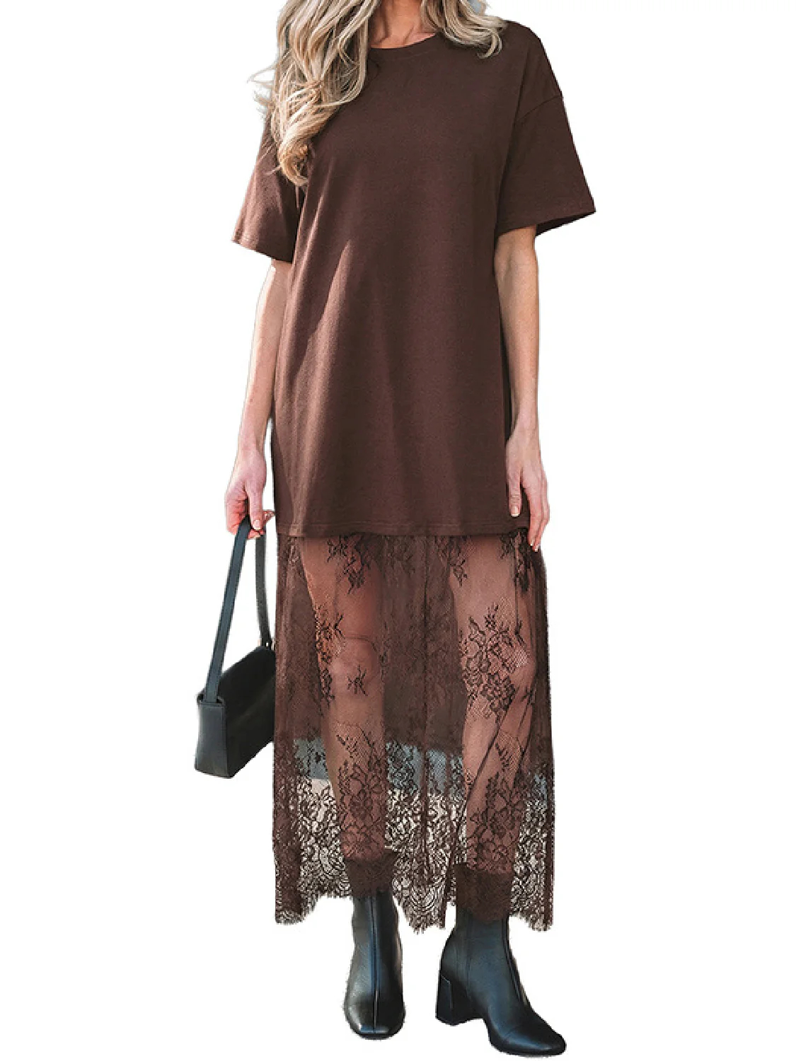 HOT SALE Women's Oversized T-Shirt Maxi Dress with Sheer Lace Hem Drop