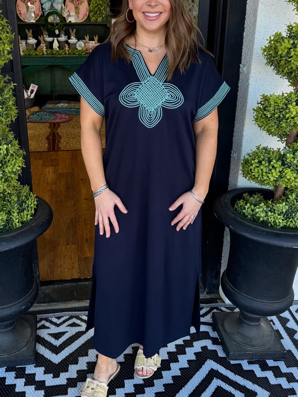 Women's V Neck Embroidered Short Sleeve Maxi Dress