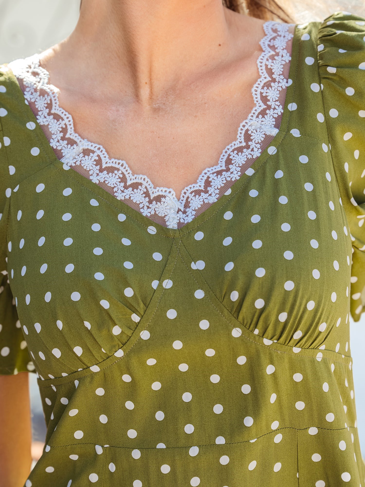 Women's Polka Dot Lacy Neckline Smocked High Waist Maxi Dress