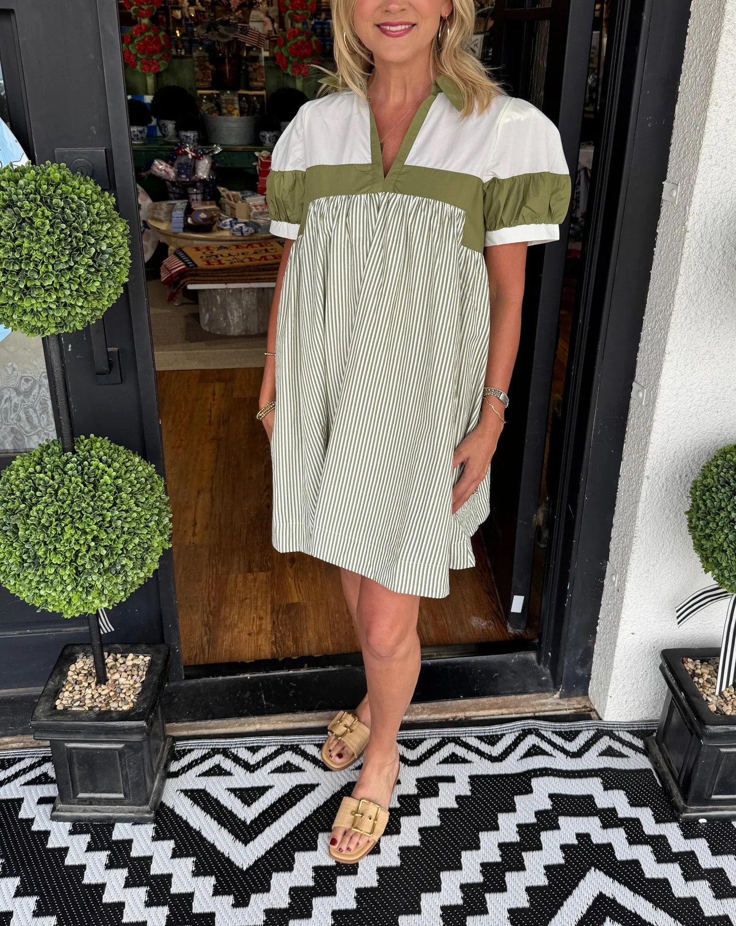 Women's V Neck Puff Sleeve Striped Shirt Dress