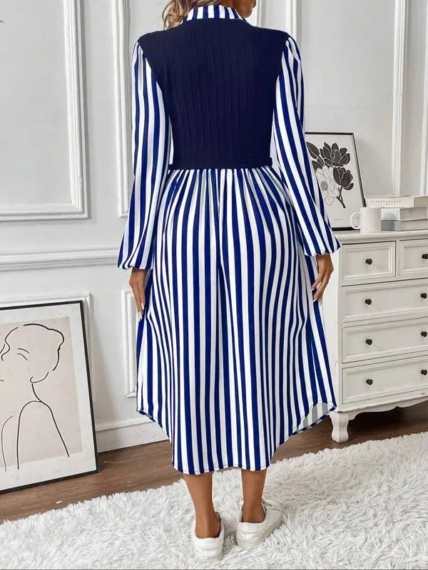 HOT SALE Women's Long Sleeve Striped Button Front Shirt Dress