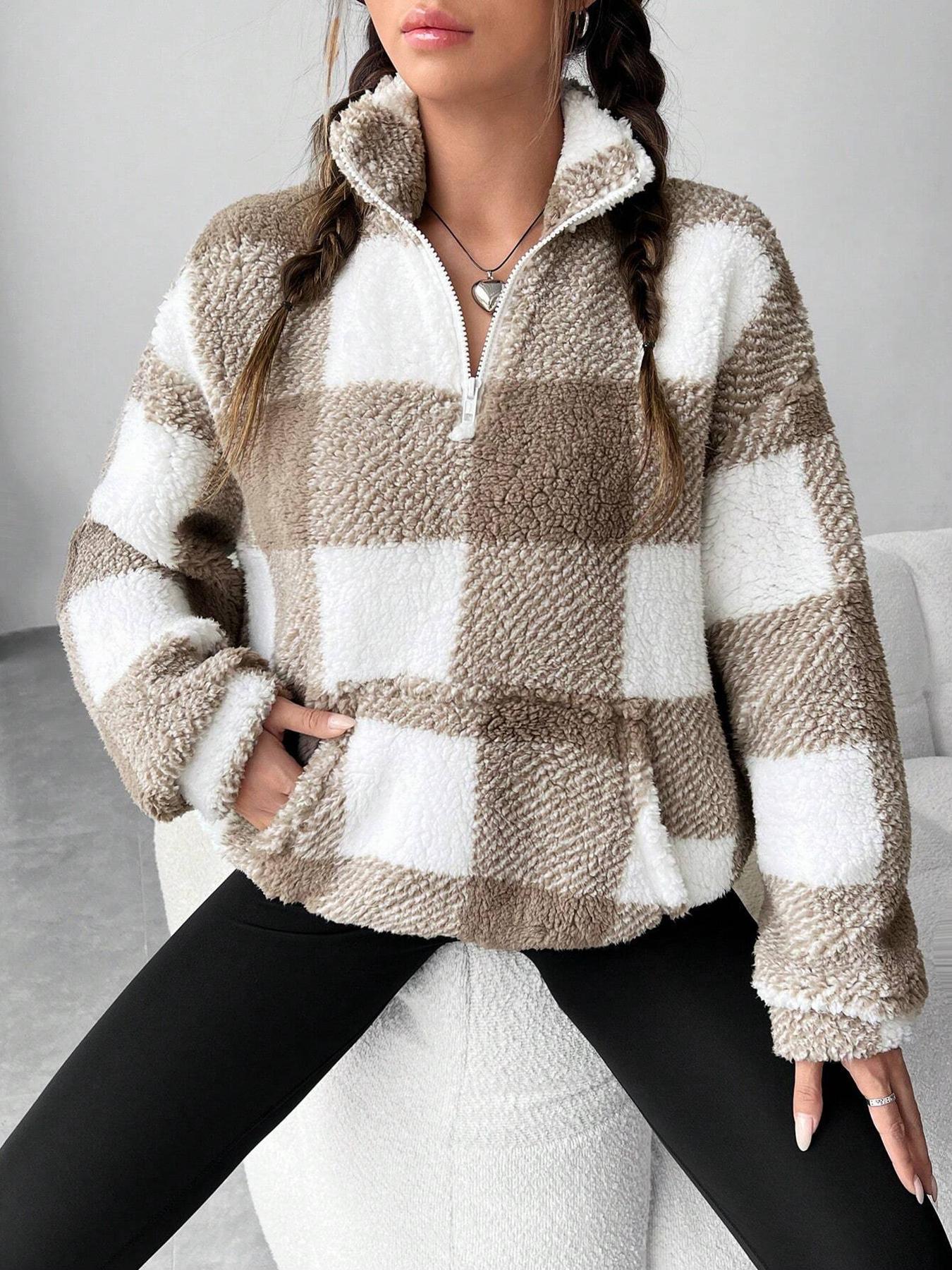 Women's Plaid Print Half Zip Drop Shoulder Fleece Sweatshirt