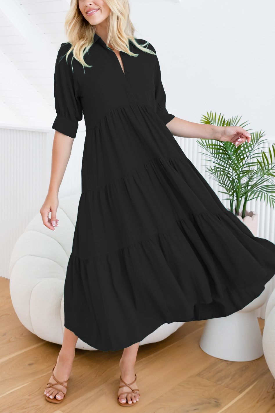 HOT SALE Mid-sleeved Shirt Tiered Maxi Dress