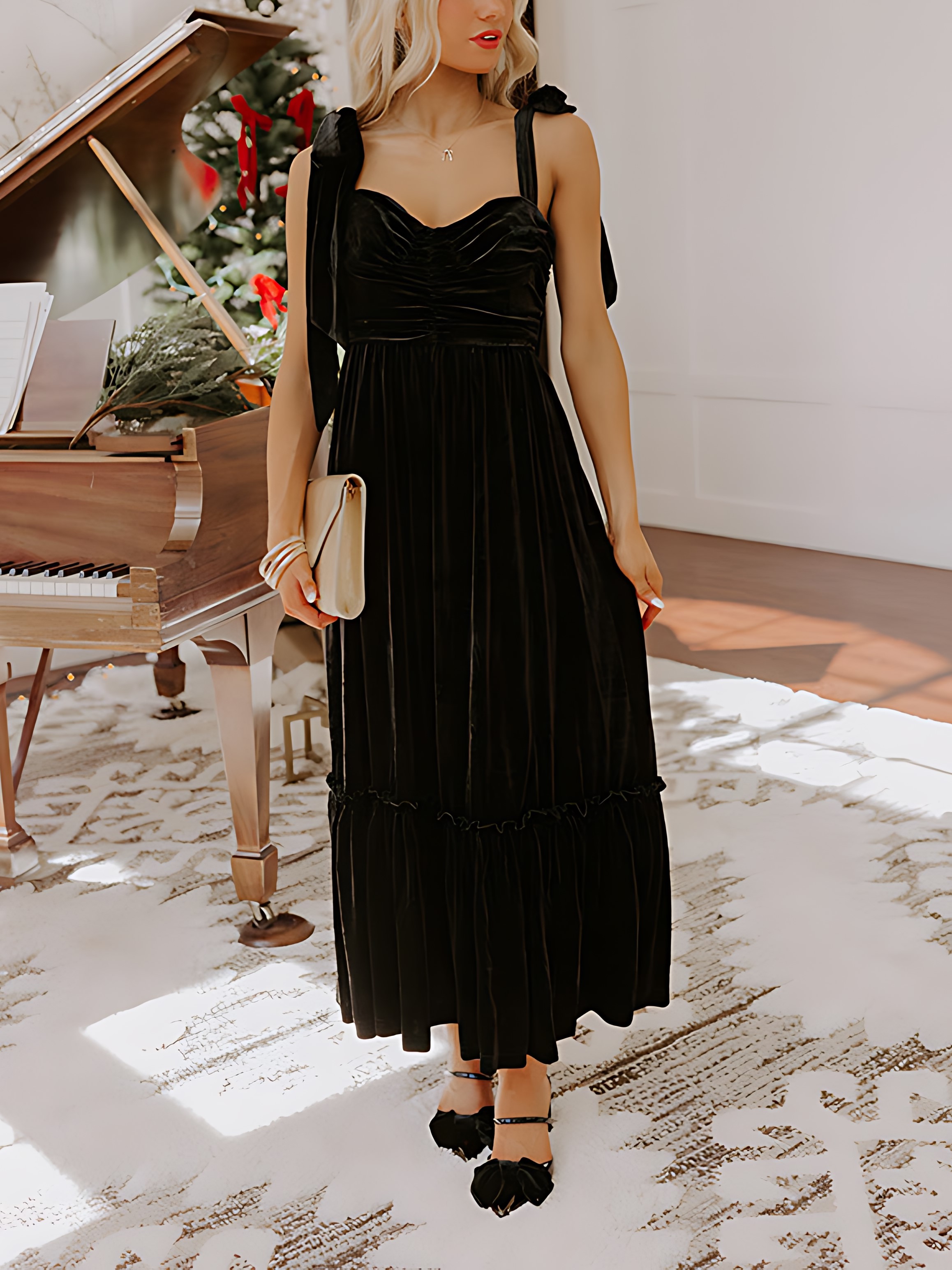 Velvet Strap Suspenders Pleated Layered Midi Dress