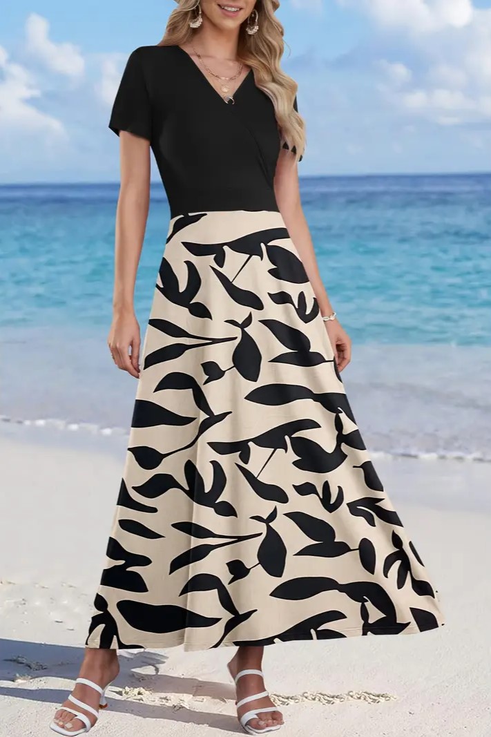 Women's V Neck Floral Print Beach Long Flowy Dress with Pockets