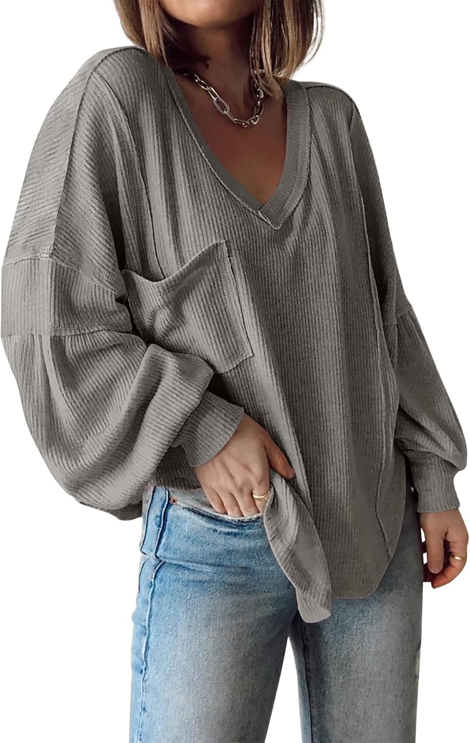 Women's Casual V Neck Loose Lantern Long Sleeve Pullover Tops 